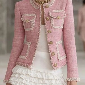 Women's Pink Tweed Jacket with Contrast Trim NO NAME BRAND